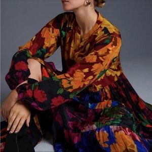 Anthropologie Siddhartha Bansal Arcadia Print Dress Button Front Tiered Floral M